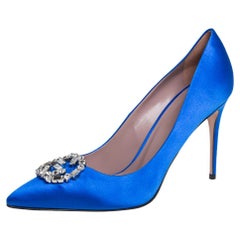 Gucci Blue Satin GG Crystal Pointed Toe Pumps Size 39