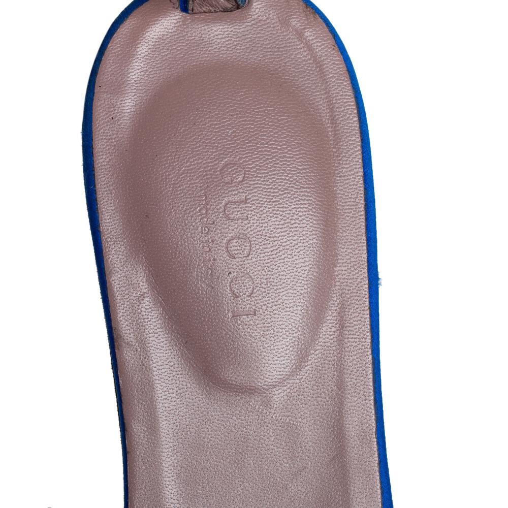 Gray Gucci Blue Satin GG Interlocking Crystal Ankle Strap Sandals Size 38.5