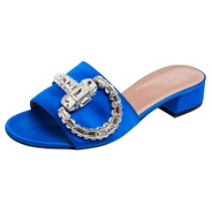Gucci Blue Satin Maxime Crystal Icon Bit Open Toe Slides Sandals Size 37