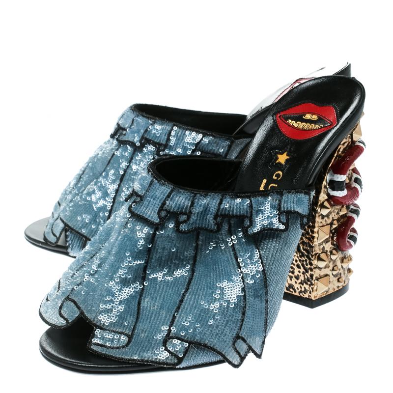Gucci Blue Sequin Ruffle Trompe L'Oeil Block Heel Mule Sandals Size 38 1