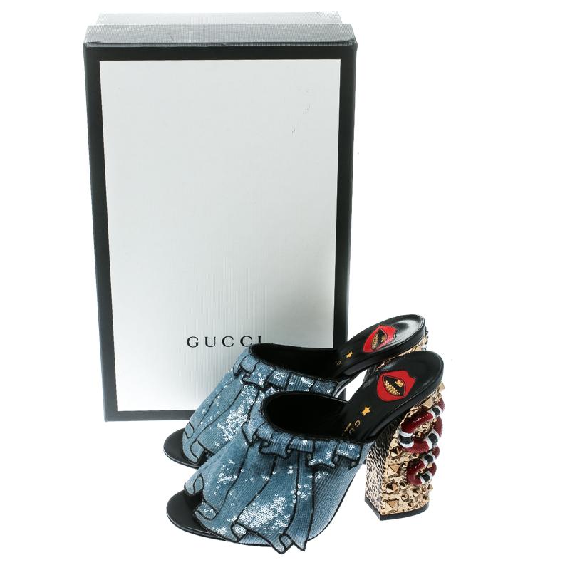 Gucci Blue Sequin Ruffle Trompe L'Oeil Block Heel Mule Sandals Size 38 2