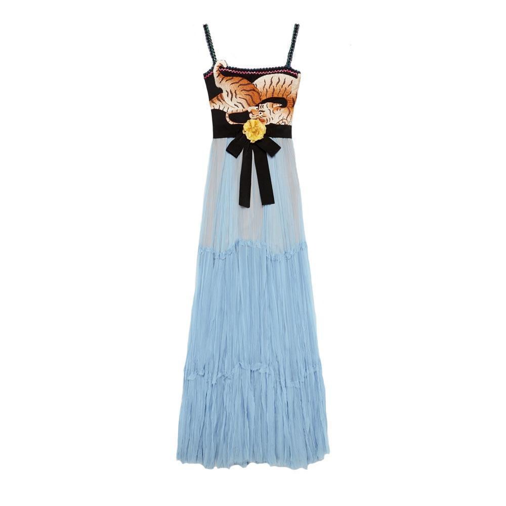 GUCCI Blue Silk Chiffon Tiger Embroidery Gown Dress IT40 US 2-4
