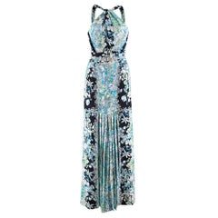 Gucci Blue Silk Floral Halter Neck Maxi Dress - Size US 4