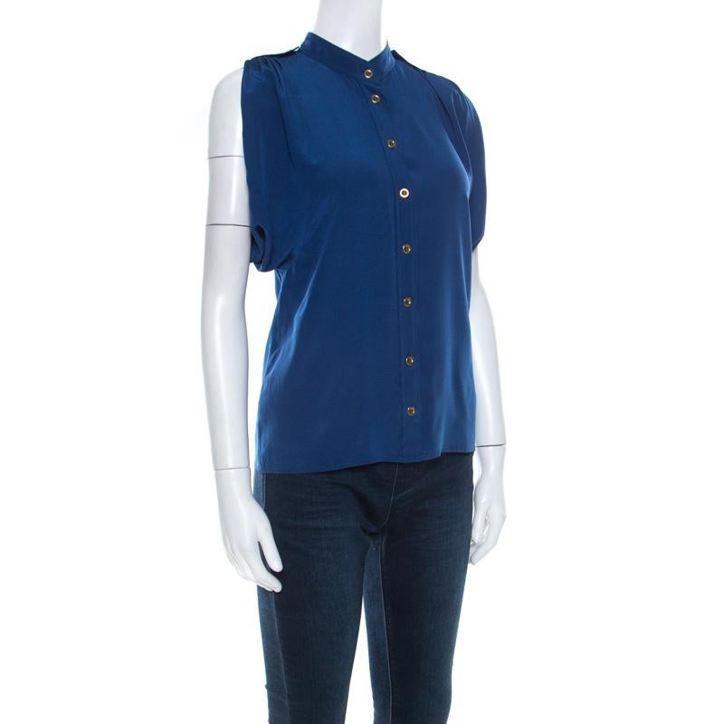 Gucci Blue Silk Pleated Shoulder Shirt S In Good Condition In Dubai, Al Qouz 2