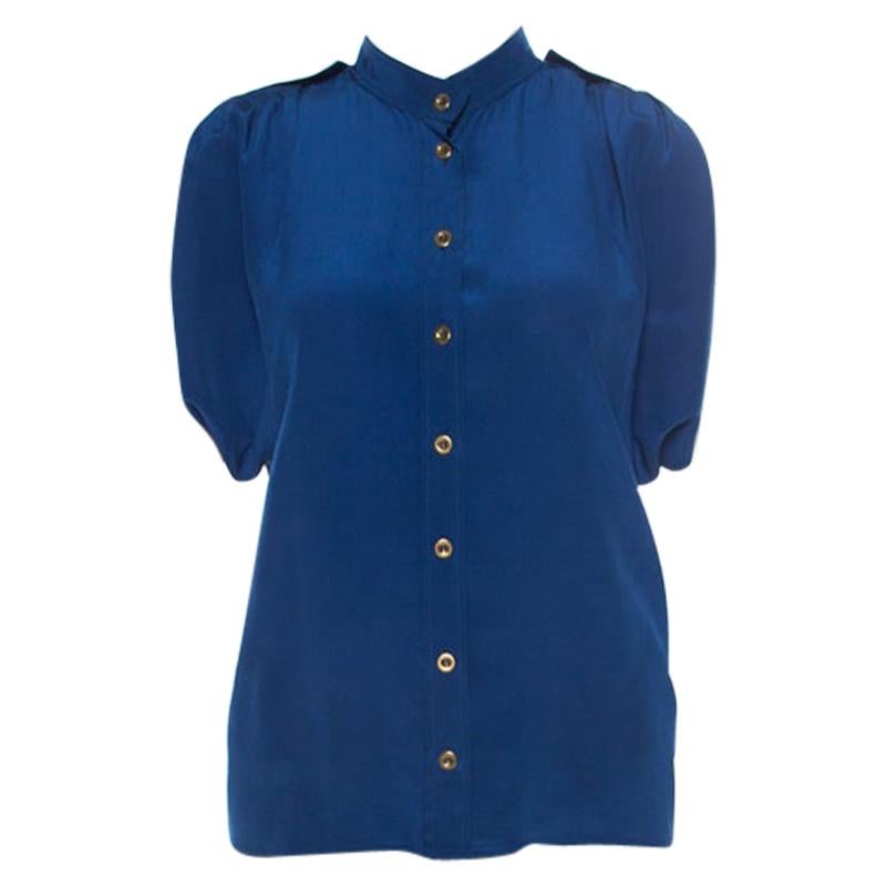 Gucci Blue Silk Pleated Shoulder Shirt S
