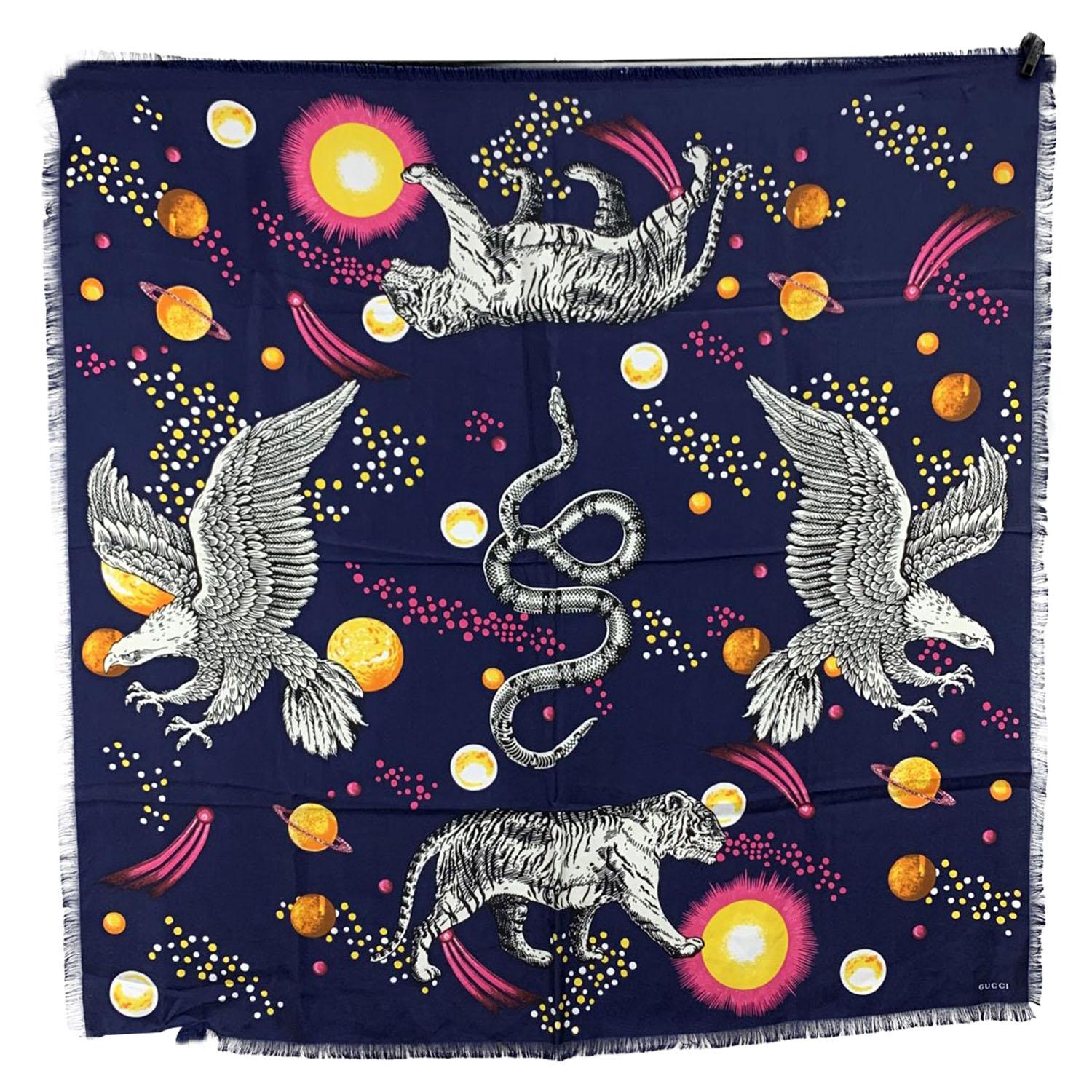 Gucci Blue Silk Space Animals Print Square Scarf 90 x 90