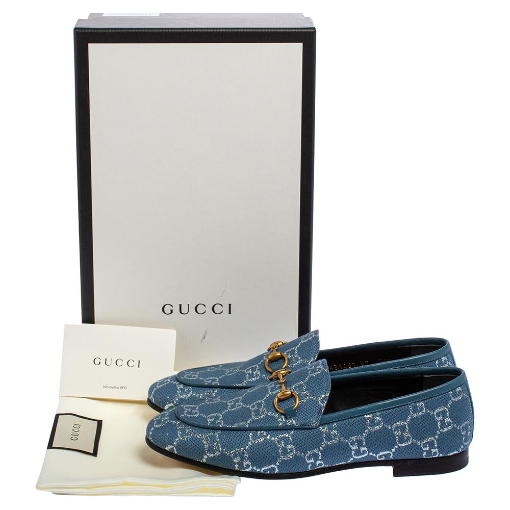 Gucci Blue/Silver Lame Fabric Horsebit Jordaan Slip On Loafers Size 37 In New Condition In Dubai, Al Qouz 2