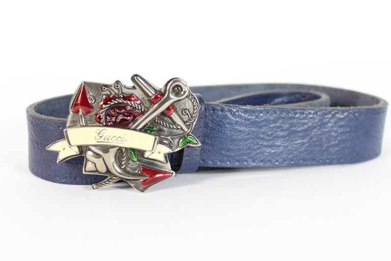 Gucci Blue Silver Leather Anchor Buckle Belt at 1stDibs