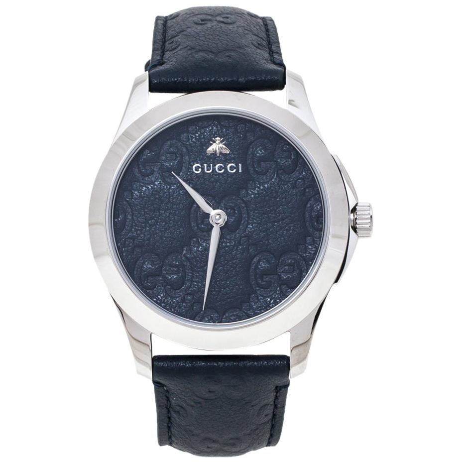 Gucci Blue Stainless Steel Leather G 
