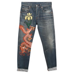 Gucci Blue Stone Washed Denim Dragon Embroidered Jeans S Waist 30