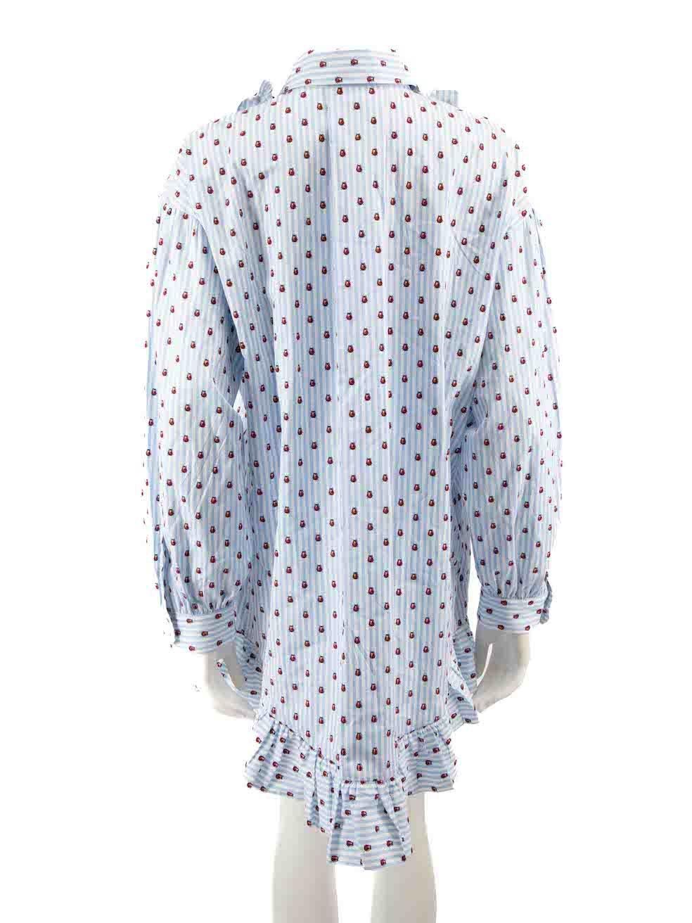 Blau gestreiftes Kleid von Gucci mit Vogeldruck und Rüschenbesatz Größe XL im Zustand „Gut“ im Angebot in London, GB