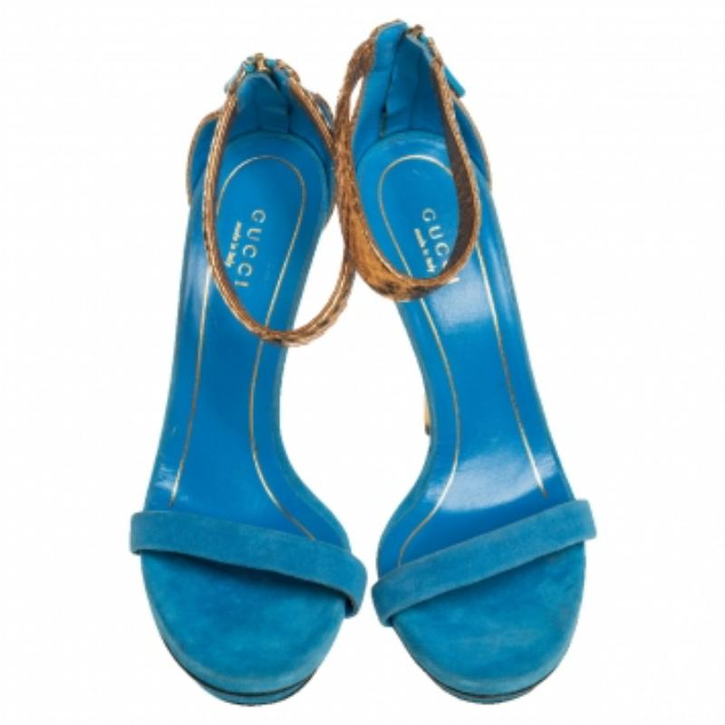 Women's Gucci Blue Suede and Python Leather Kelis Ankle Strap Platform Sandals Size 36 For Sale