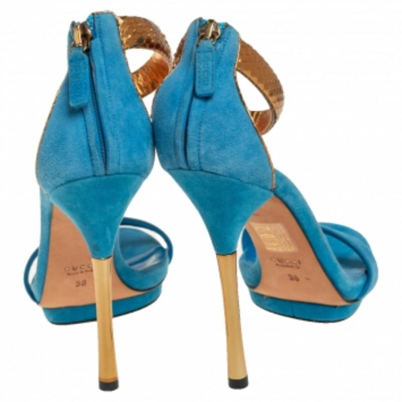 Gucci Blue Suede and Python Leather Kelis Ankle Strap Platform Sandals Size 36 For Sale 2