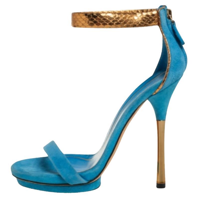 Gucci Blue Suede and Python Leather Kelis Ankle Strap Platform Sandals Size 36 For Sale