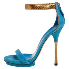 Gucci Blue Suede and Python Leather Kelis Ankle Strap Platform Sandals Size 36