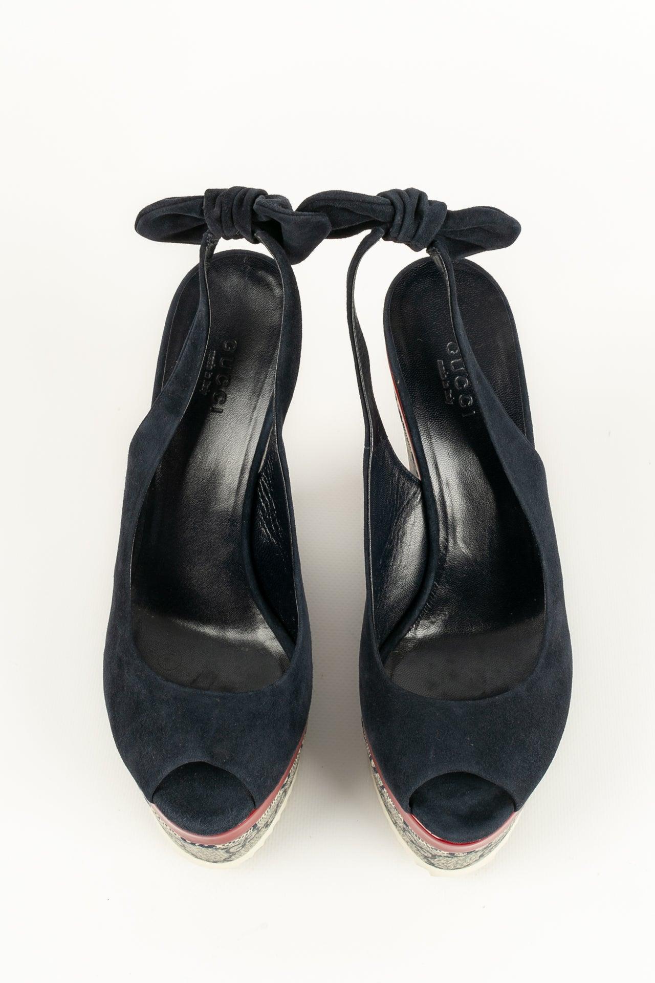 Black Gucci Blue Suede and Red Patent Leather Sandals For Sale