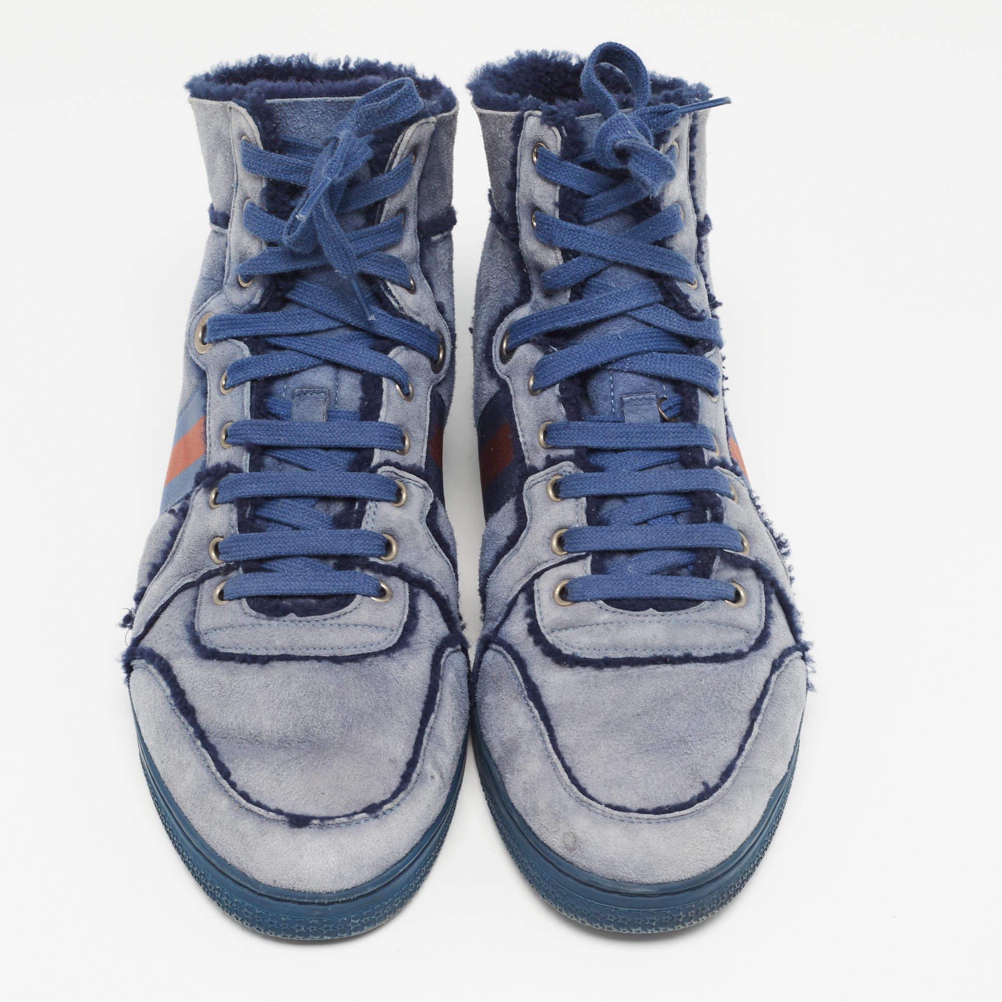 Gray Gucci Blue Suede and Shearling Web Lace Up High Top Sneakers Size 45.5