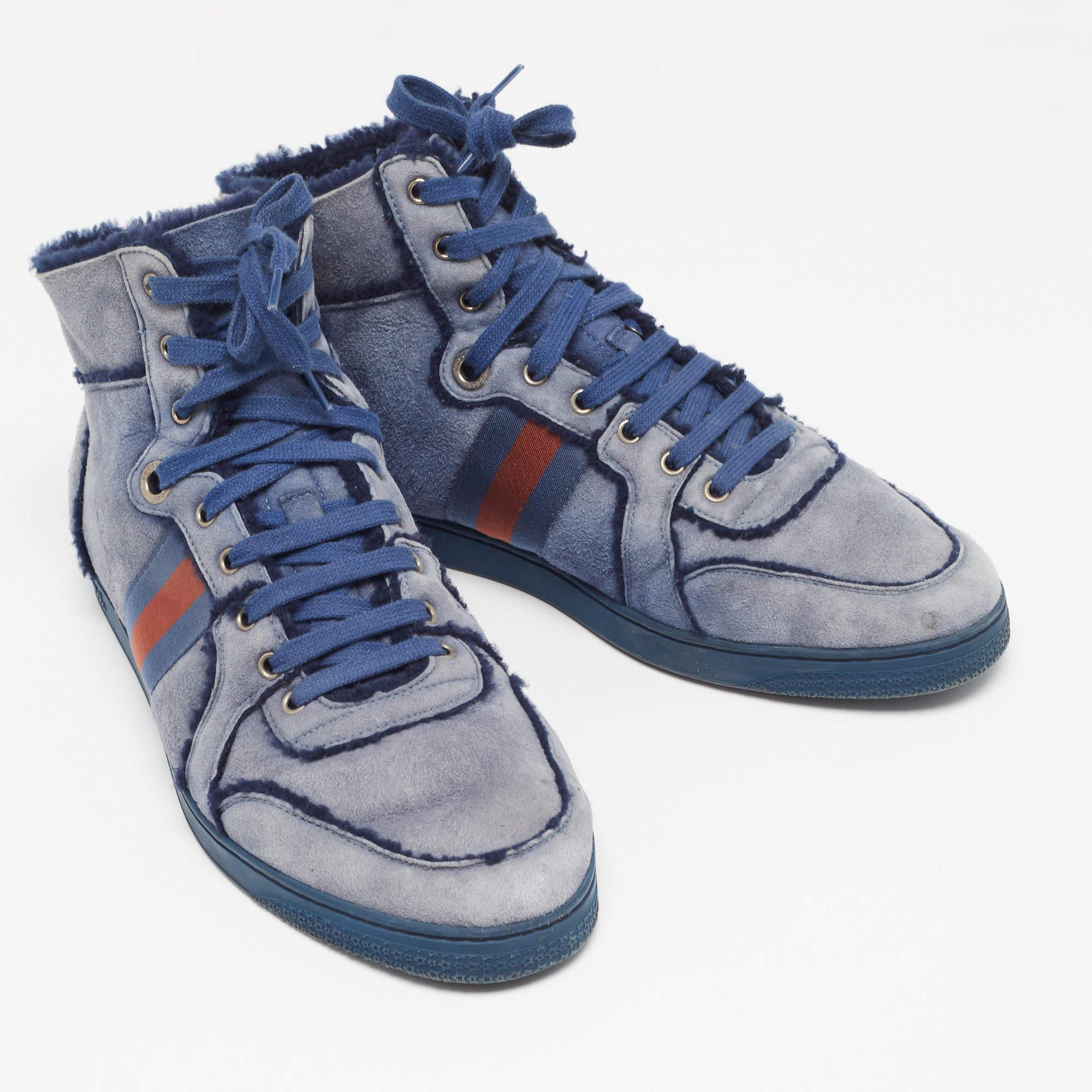 Gucci Blue Suede and Shearling Web Lace Up High Top Sneakers Size 45.5 In Good Condition In Dubai, Al Qouz 2