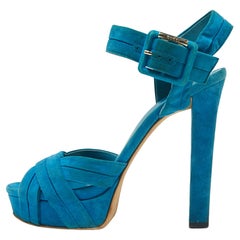 Used Gucci Blue Suede Ankle-Strap Platform Sandals Size 38