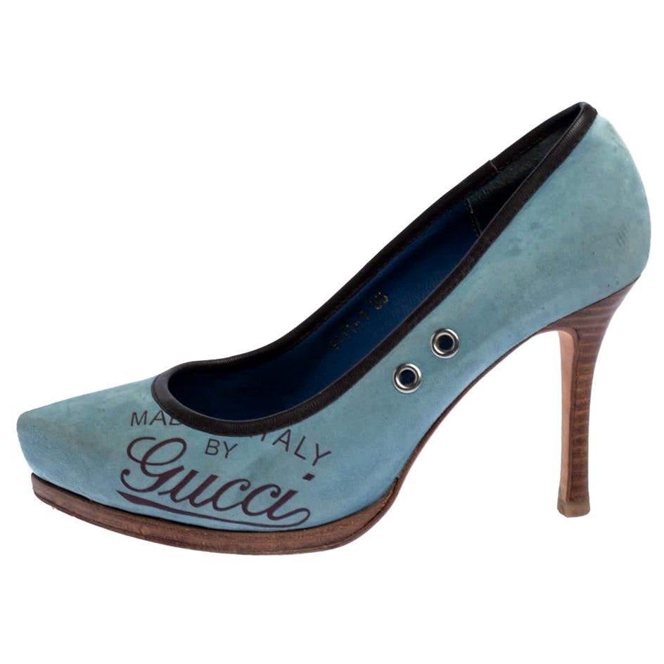 Gucci Blue Suede & Brown Leather Trim Eyelet Embellished Platform Pumps Size 35