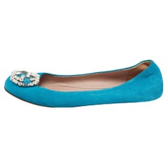 Gucci Blue Suede Crystal GG Ballet Flats Size 37.5