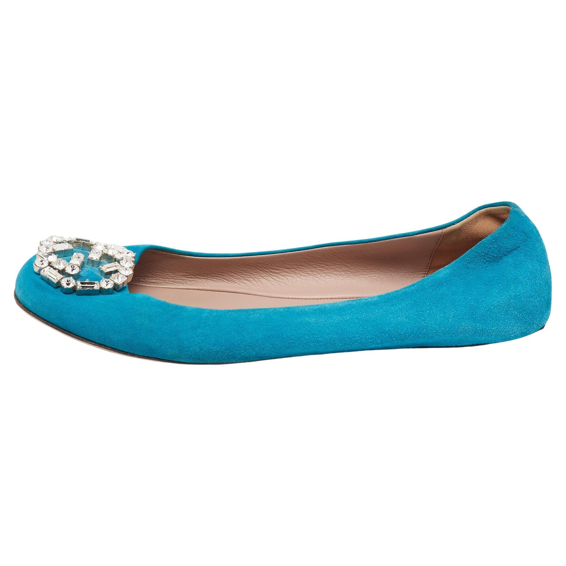 Gucci Blue Suede Crystal GG Ballet Flats Size 37.5