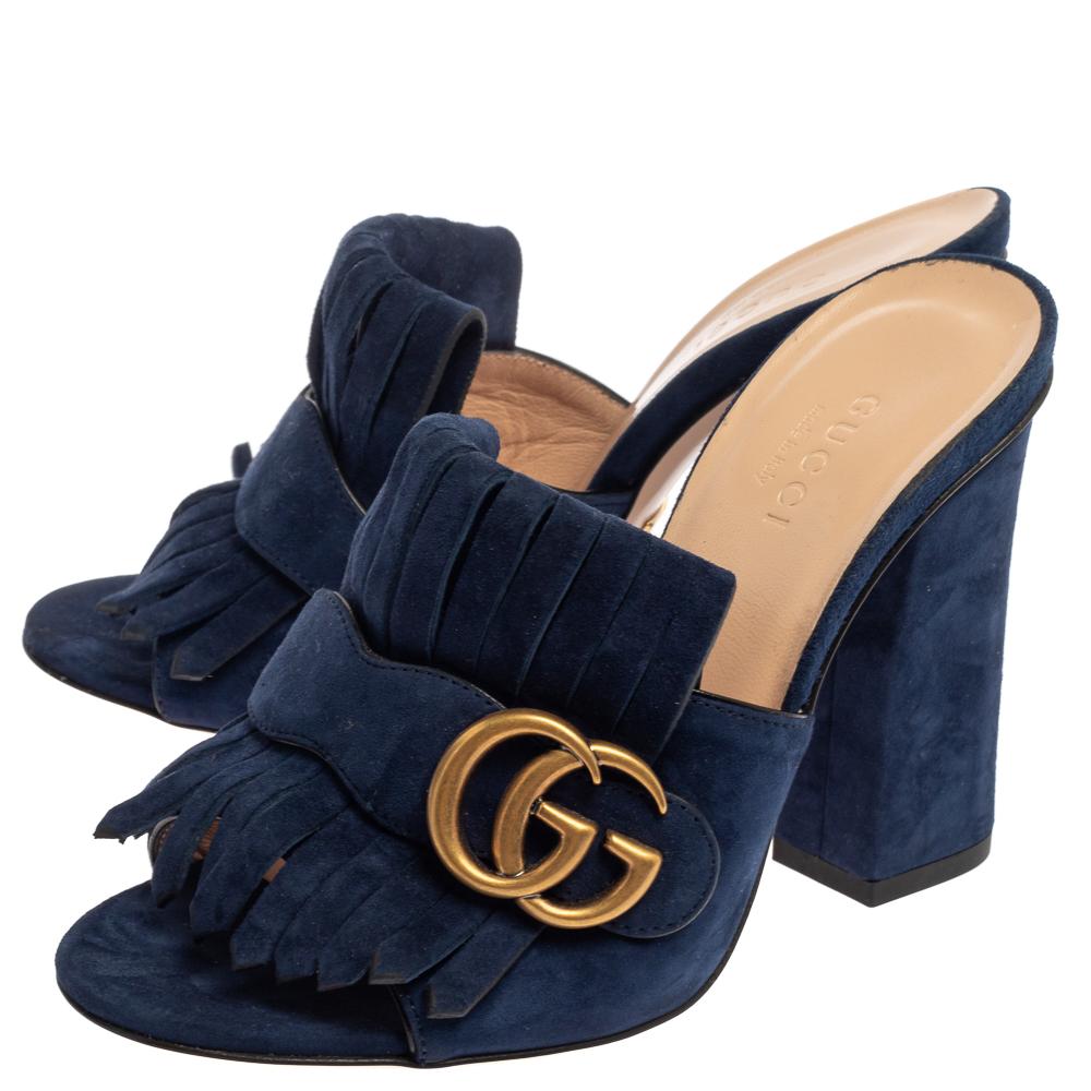 Gucci Blue Suede GG Marmont Fringe Mules Size 35 In Good Condition In Dubai, Al Qouz 2