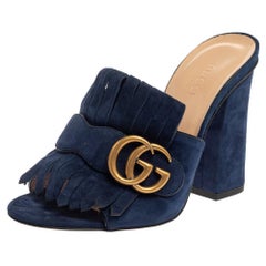Gucci Blue Suede GG Marmont Fringe Mules Size 35