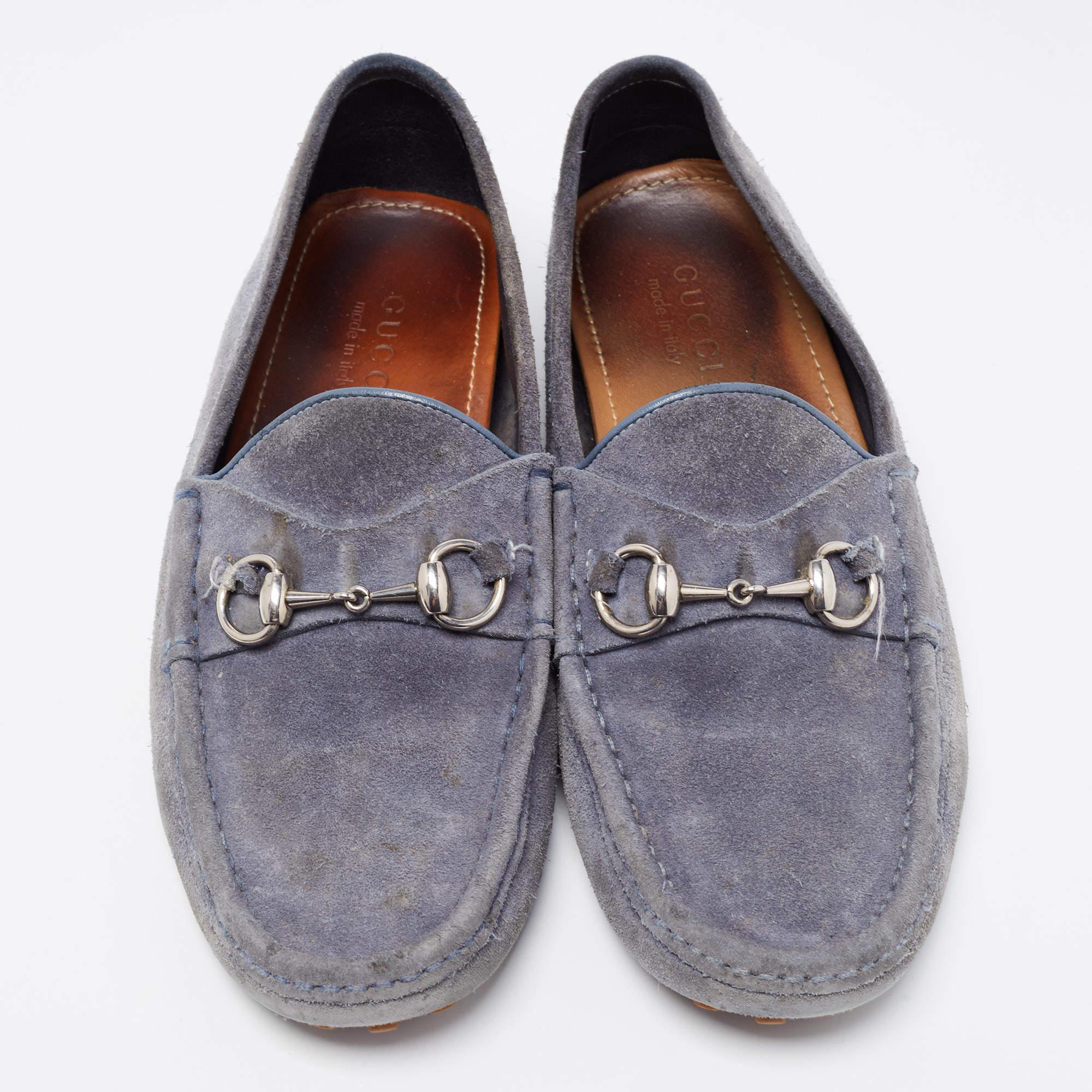 Gray Gucci Blue Suede Horsebit Driver Loafers Size 42