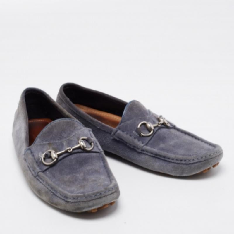 Gray Gucci Blue Suede Horsebit Driver Loafers Size 42 For Sale