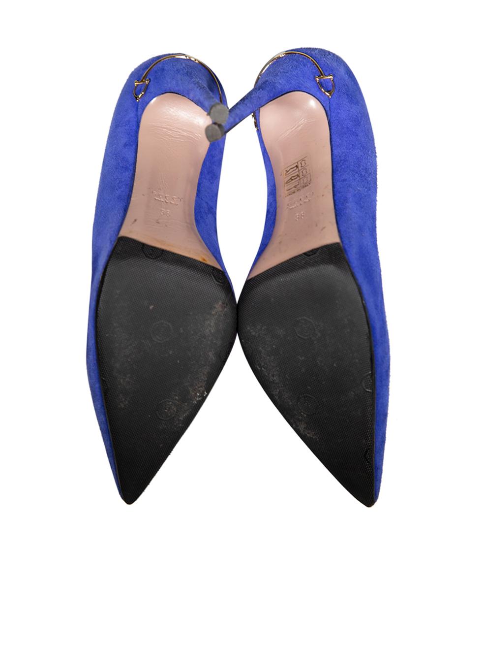 Women's Gucci Blue Suede Horsebit Pointed Toe Pumps Size IT 38 For Sale