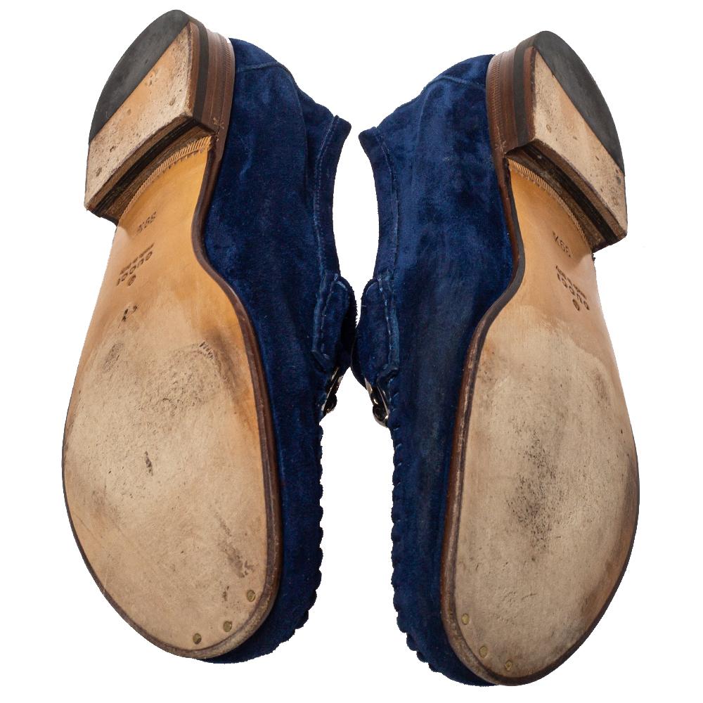 Black Gucci Blue Suede Horsebit Slip On Loafers Size 39.5