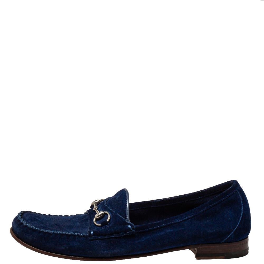 Gucci Blue Suede Horsebit Slip On Loafers Size 39.5 In Good Condition In Dubai, Al Qouz 2