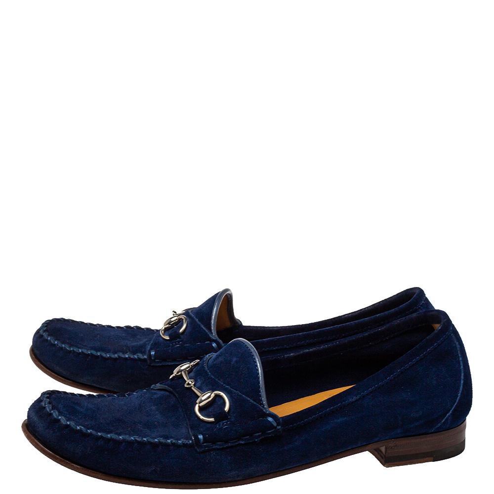 Women's Gucci Blue Suede Horsebit Slip On Loafers Size 39.5