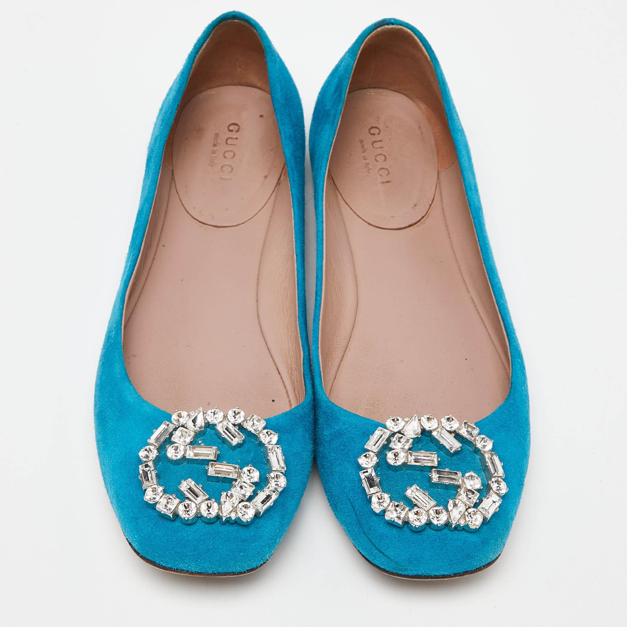Blu Gucci Ballerine in pelle scamosciata blu con cristalli intrecciati G Taglia 36 in vendita