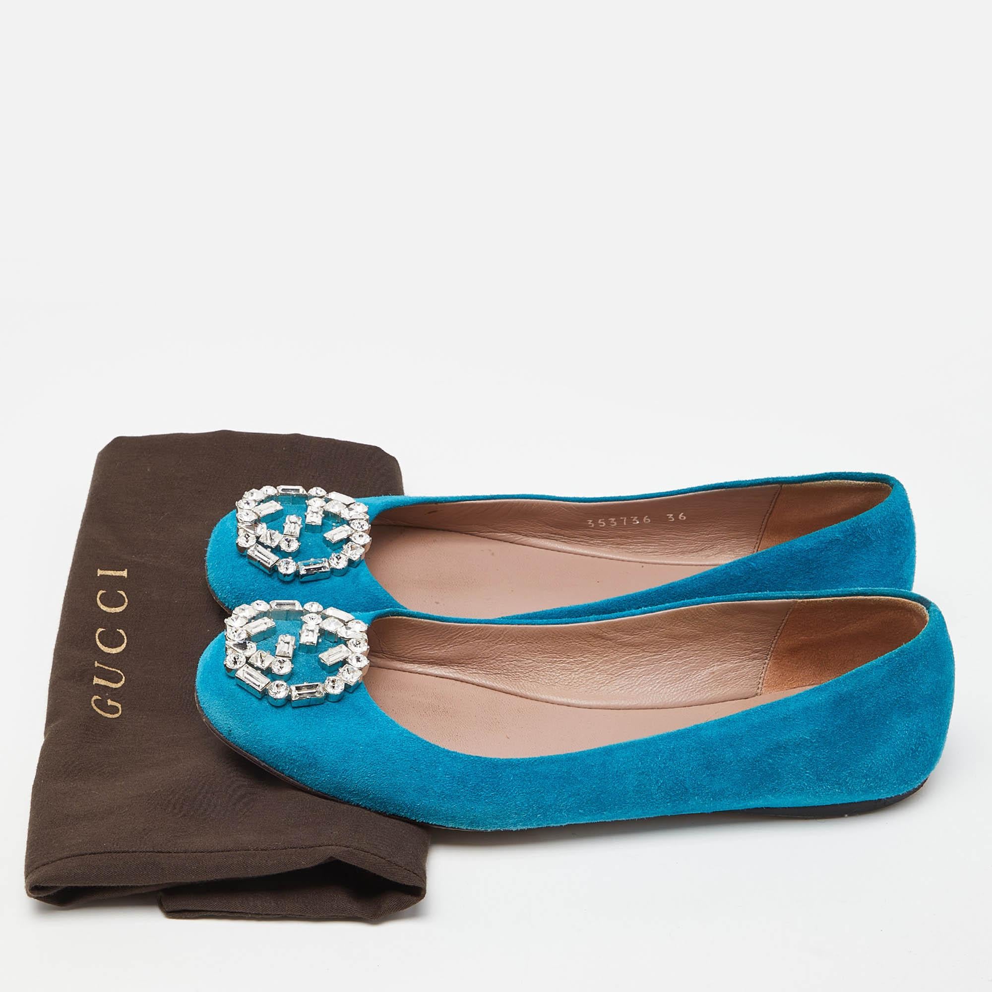 Gucci Ballerine in pelle scamosciata blu con cristalli intrecciati G Taglia 36 in vendita 4