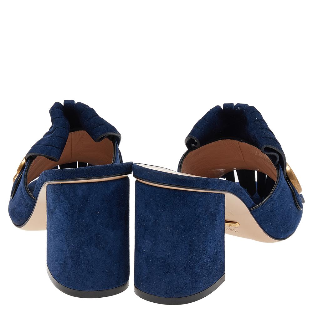 Gucci Blue Suede Leather GG Marmont Fringe Mules Size 38.5 In Good Condition In Dubai, Al Qouz 2