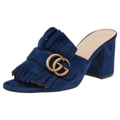 Gucci Blue Suede Leather GG Marmont Fringe Mules Size 38.5