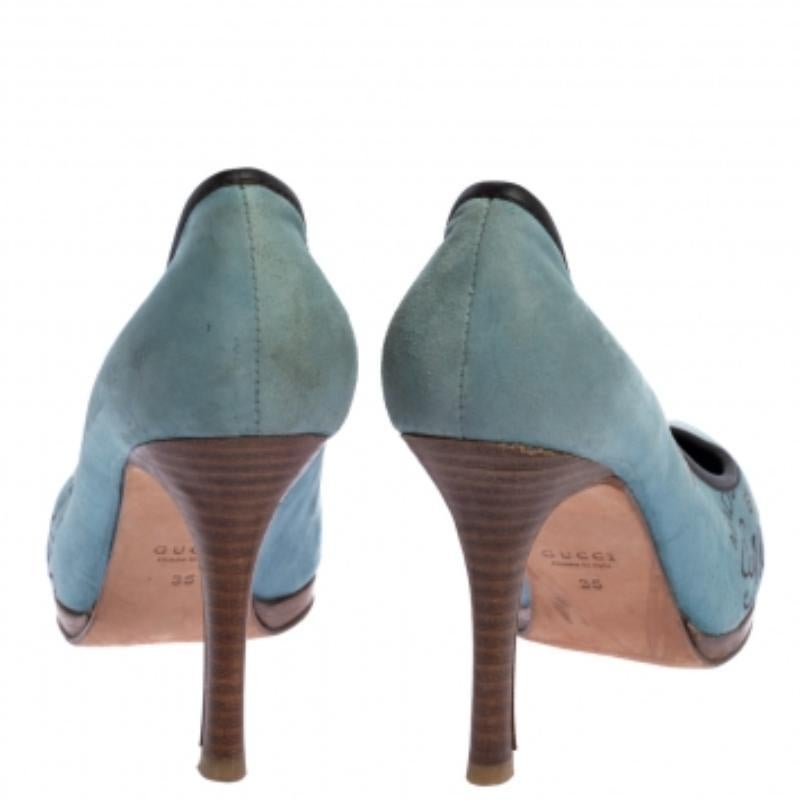 Gray Gucci Blue Suede Leather Trim Eyelet Embellished Platform Pumps Size 35 For Sale