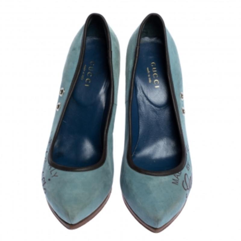 Women's Gucci Blue Suede Leather Trim Eyelet Embellished Platform Pumps Size 35 For Sale