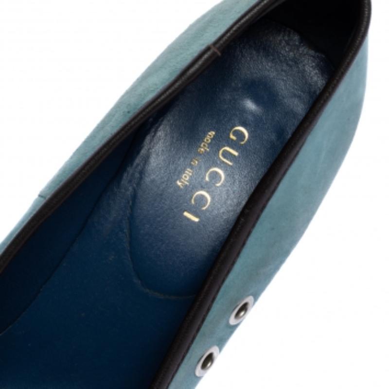 Gucci Blue Suede Leather Trim Eyelet Embellished Platform Pumps Size 35 For Sale 1