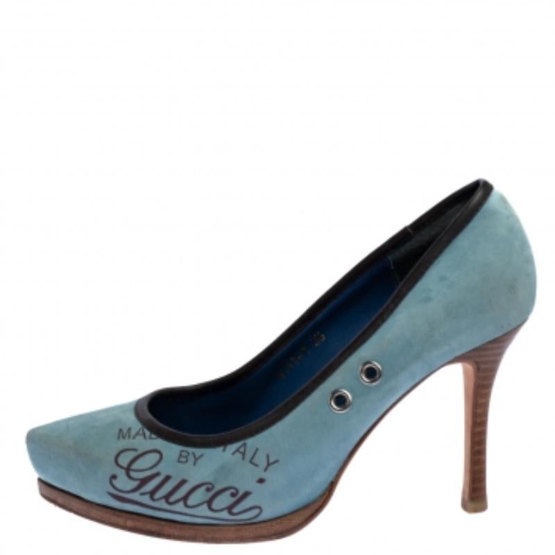 Gucci Blue Suede Leather Trim Eyelet Embellished Platform Pumps Size 35 For Sale 2
