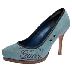 Gucci Blue Suede Leather Trim Eyelet Embellished Platform Pumps Size 35