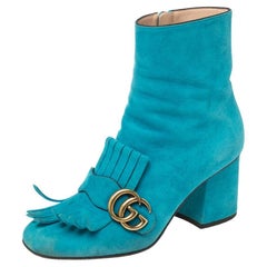 Gucci Blue Suede Marmont Fringe Detail Ankle Boots Size 37