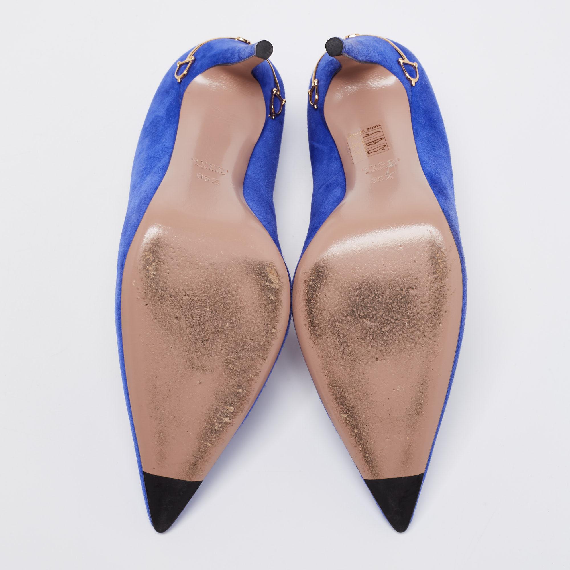 Gucci - Escarpins à bout pointu en daim bleu, taille 35,5 en vente 4