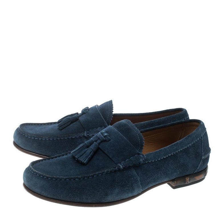 Gucci Blue Suede Queen Bamboo Trim Heel Tassel Loafers Size 40 For Sale at 1stdibs
