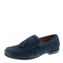 Gucci Blue Suede Queen Bamboo Trim Heel Tassel Loafers Size 40