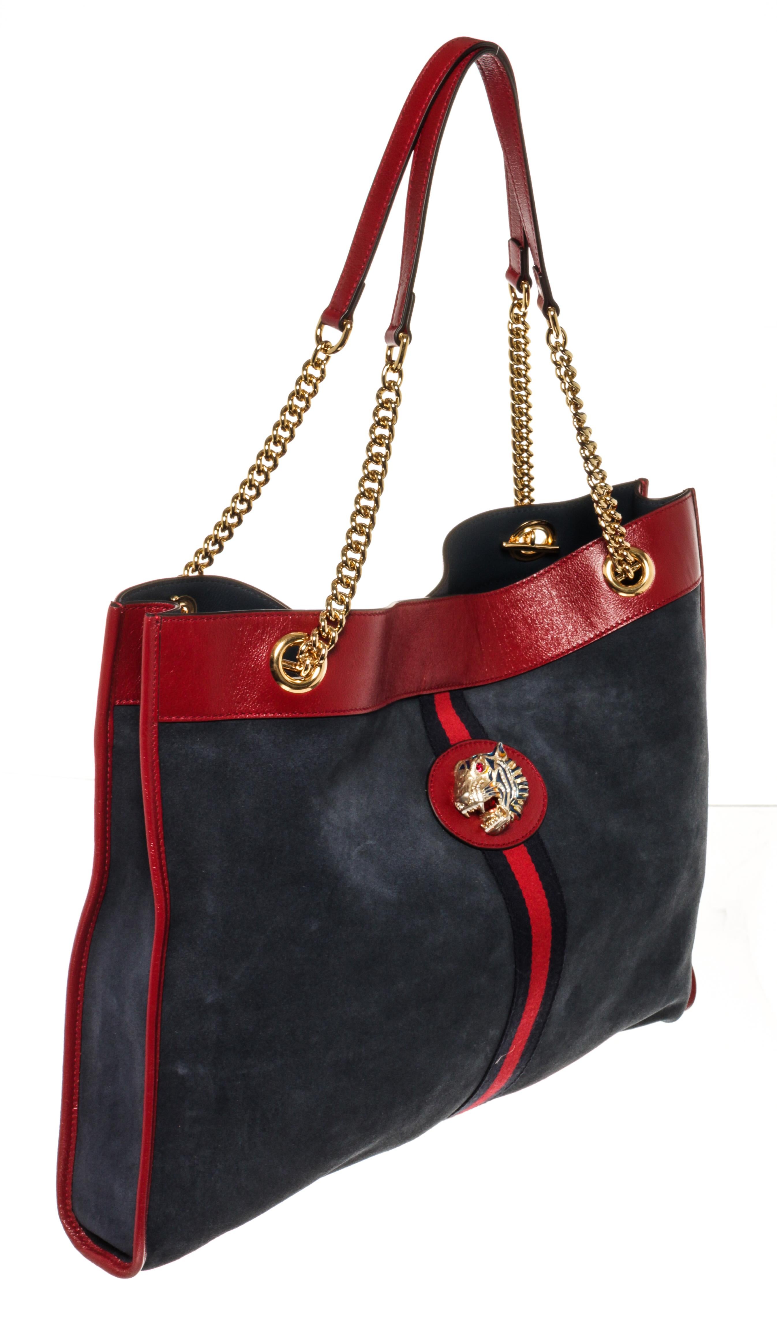 Gucci Large Rajah Tote Navy Suede Red Leather. Features gold hardware, red leather straps, blue leather interior, and a gold zipper closure.

64733MSC