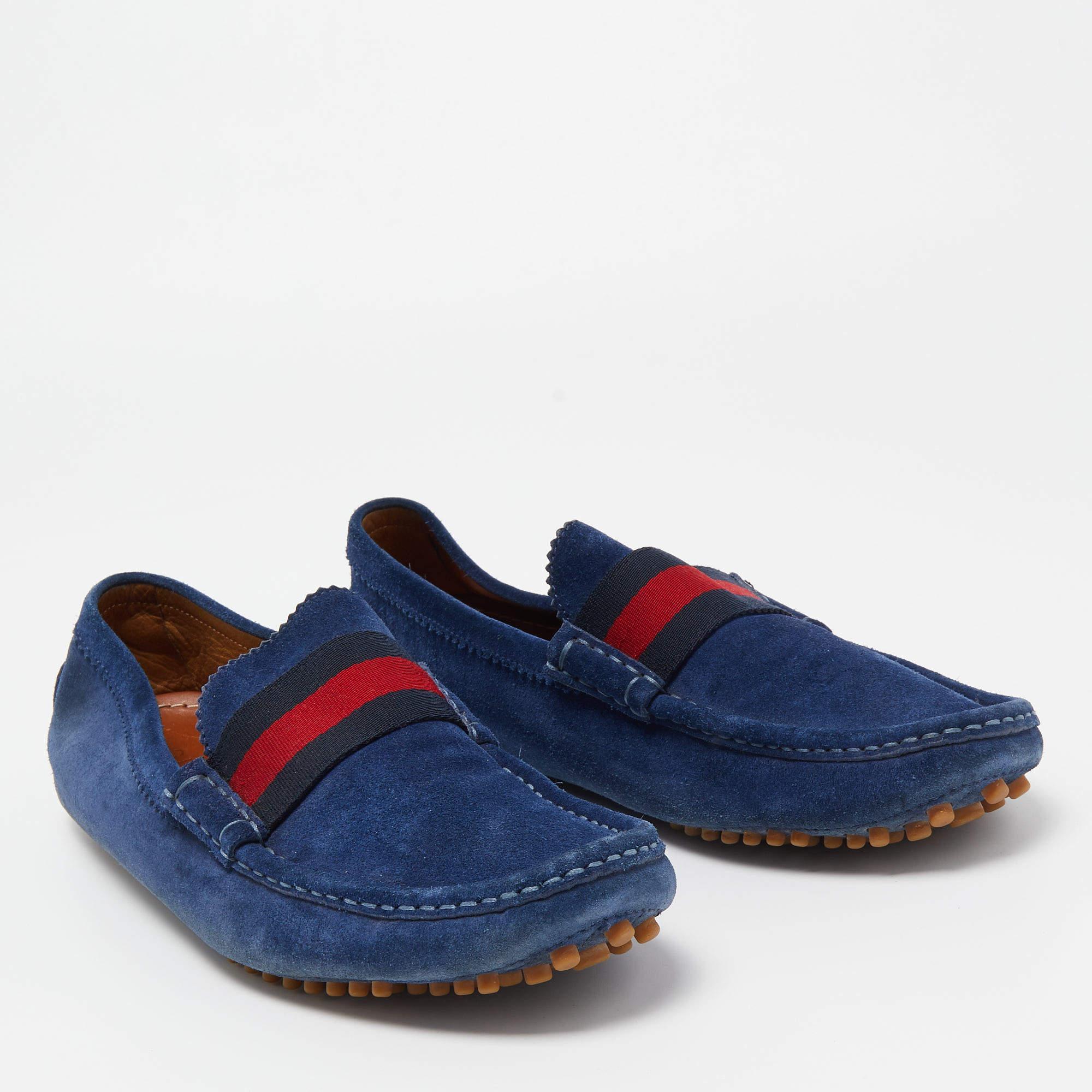 Men's Gucci Blue Suede Web Slip On Loafers Size 42