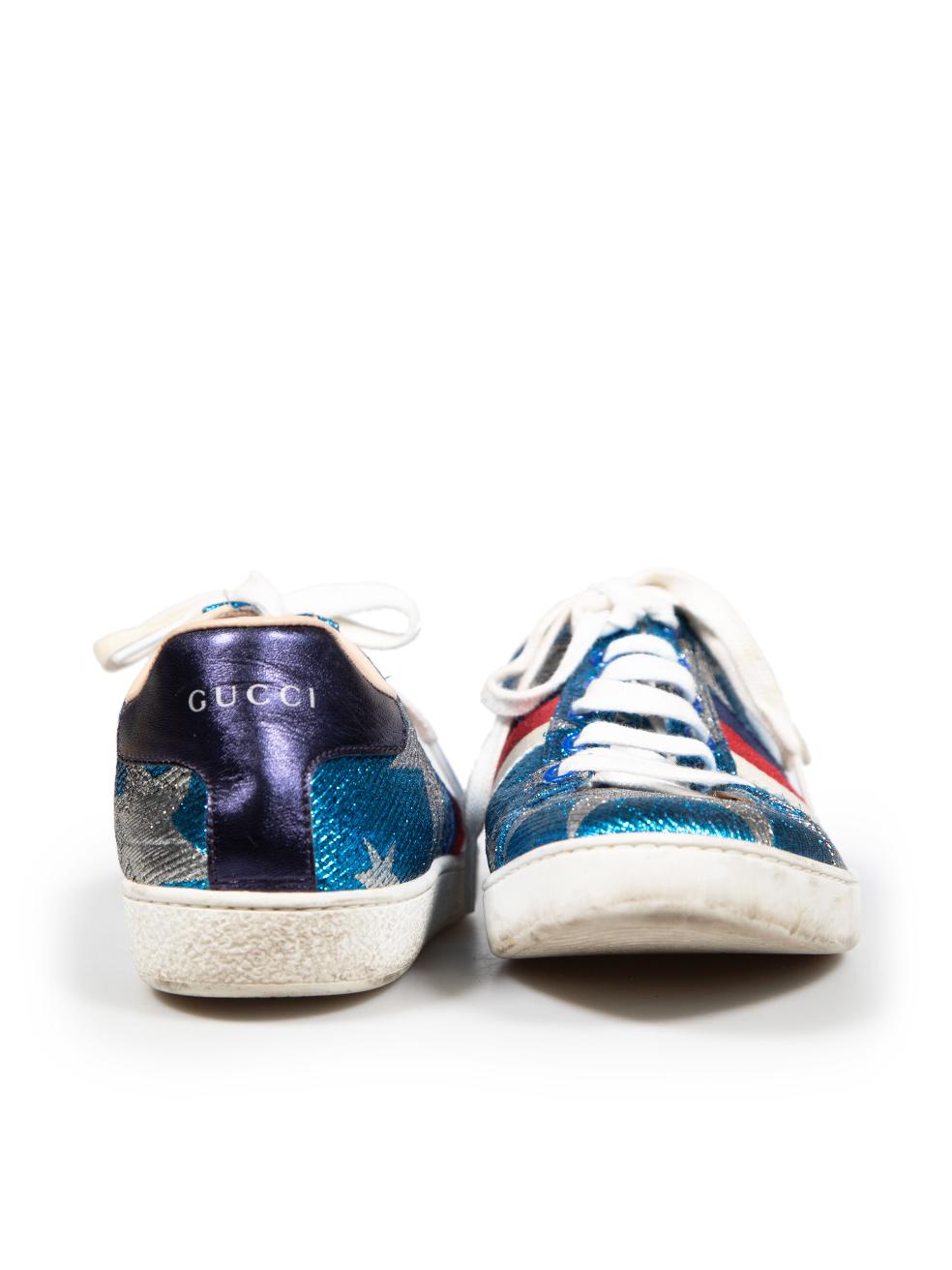 Gray Gucci Blue Sylvie Web Accent Star Trainers Size IT 37.5